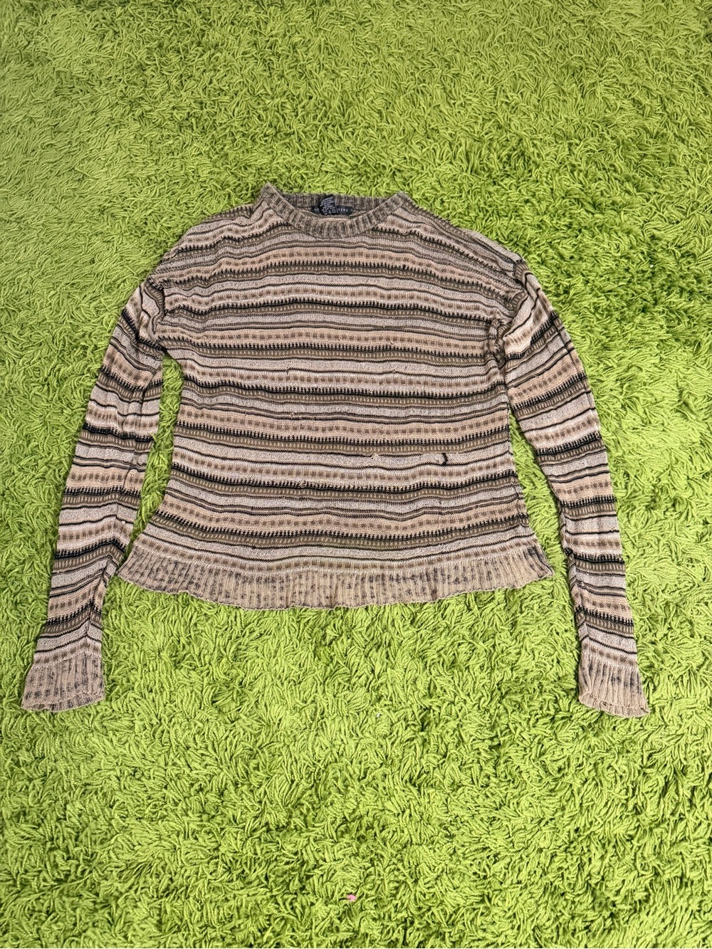 Geoffrey Beene Beige and Black Striped Crewneck Sweater